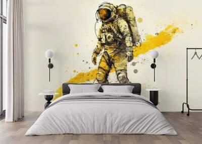  a painting of a man in a space suit with a yellow spray paint splattered on his face and body, standing in front of a white background.  generative ai Wall mural