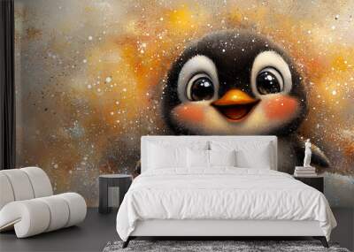   A painting of a penguin in the snow with snowflakes on its back and wide-open eyes Wall mural