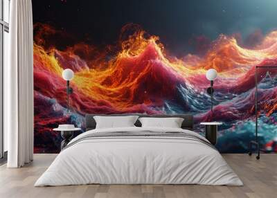  a painting of a wave in the ocean with a bright red and yellow design on the top of the wave. Wall mural