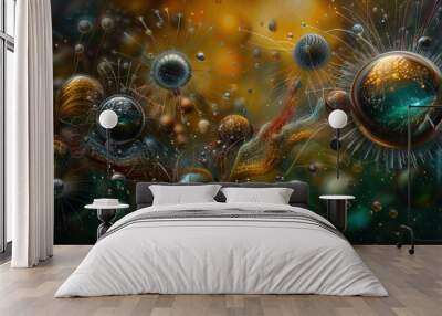   A painting of numerous bubbles drifting over a vast expanse of water Wall mural