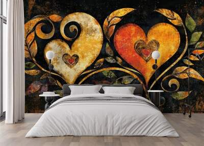  A painting of two hearts, adorned with leaves and swirls against a dark backdrop The red and yellow heart reside on the left side, while the Wall mural