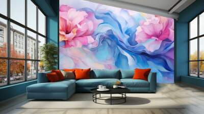  a painting of two pink flowers on a blue and pink background.  generative ai Wall mural