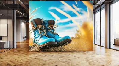  a pair of blue boots sitting on top of a dry grass field next to a tall grass field with blue sky and clouds in the background.  generative ai Wall mural