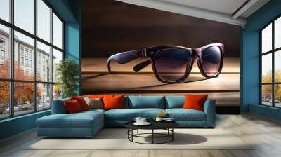  a pair of sunglasses sitting on top of a wooden table next to a window sill with a wooden frame and purple tinted lenses on it.  generative ai Wall mural