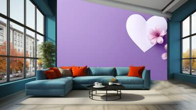  a paper heart and two pink flowers on a purple background with a place for a text or an image of a paper heart and two pink flowers on a purple background. Wall mural