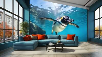  a penguin swimming in the water with its head above the water's surface, with its mouth open and tongue out, under the water surface of the water. Wall mural