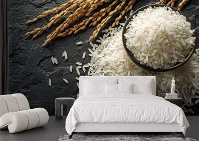   A plate of rice rests atop a table alongside oats and oatmeal Wall mural