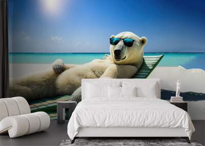  a polar bear wearing sunglasses laying on a green lounge chair on a beach with the ocean in the background and a bright blue sky above.  generative ai Wall mural