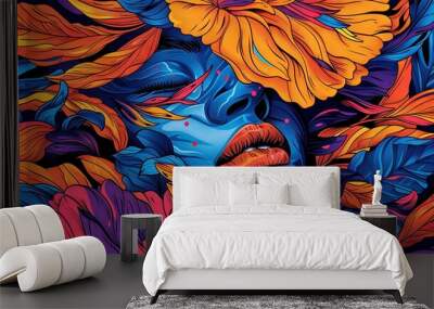   A portrait of a woman in a dreamy state, enclosed by vibrant orange and blue flora Wall mural