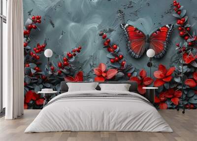   A red butterfly sits atop red berries, surrounded by a lush green and red foliage Wall mural