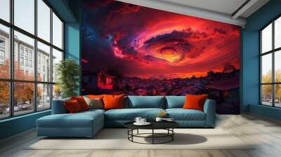  a red sky with a swirl in the middle of the sky over a town at night time with a car parked on the street below.  generative ai Wall mural