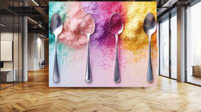   A set of spoons arranged together against a rainbow backdrop with sprinkles Wall mural