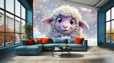  A sheep in snow with purple and white fur Snowflakes cover the ground while a blurry background is visible in the background Wall mural