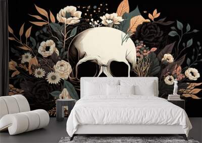  a skull surrounded by flowers and leaves on a black background with a black background and a white skull in the center of the image with a.  generative ai Wall mural