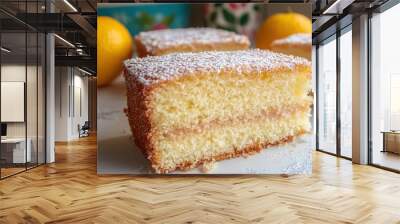   A slice of cake sits atop a white platter, accompanied by two lemons and a steaming cup of tea Wall mural