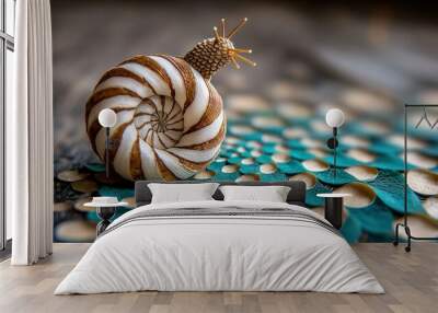   A snail close-up on a blue-and-white tablecloth Circular patterns on the ground, snail perched on a brown-and-white shell Wall mural