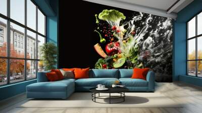  a splash of water on a pile of vegetables and fruits on a black background with a reflection of the image of a vegetable in the water.  generative ai Wall mural