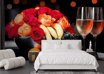  A table topped with fruit, two wine glasses, and an orange/rose vase Wall mural