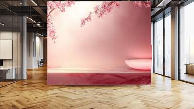   A table with a bowl and pink flowers on it sits near a tree Wall mural