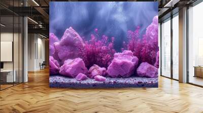   A tight shot of a fish tank filled with rocks and rooted plants at its base Wall mural