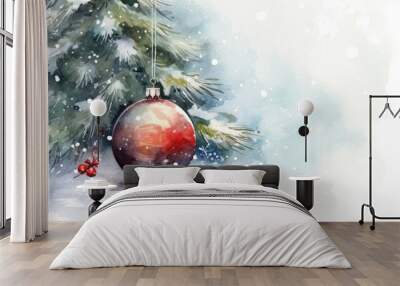  a watercolor painting of a christmas ornament hanging from a pine tree in the snow with a red ornament hanging from the top of the ornament. Wall mural