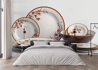  a white and orange dinner set with orange flowers on the rim of the plate and a bowl on the side of the plate. Wall mural