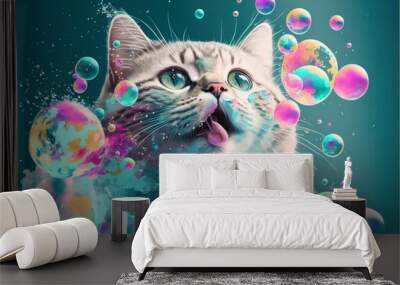  a white cat with bubbles and bubbles around it's face and mouth, with a blue background and a blue sky with clouds and stars.  generative ai Wall mural