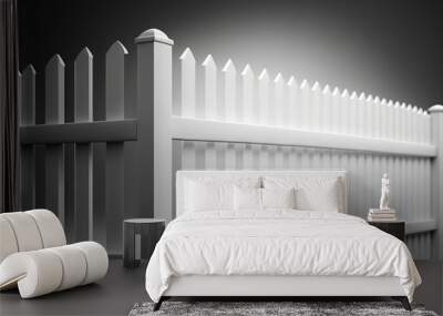  a white picket fence with a black and white photo of it's top and the bottom part of the fence showing the top part of the fence.  generative ai Wall mural