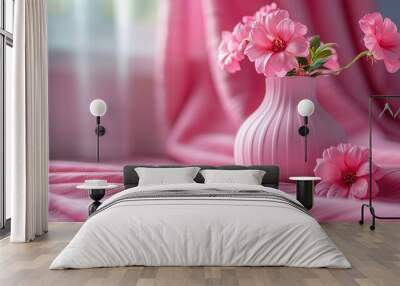  A white vase brimming with pink blossoms resting on a pink bedspread, framed by pink curtains Wall mural