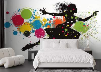  a woman is dancing with colorful bubbles and spray paint on her body and a skateboard in the foreground is a white background with a splash of multi - colored circles.  generative ai Wall mural