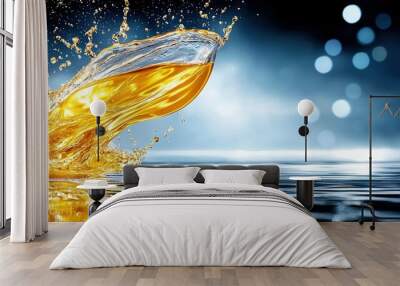   A yellow liquid splashes from a water body, illuminating the surrounding area Wall mural