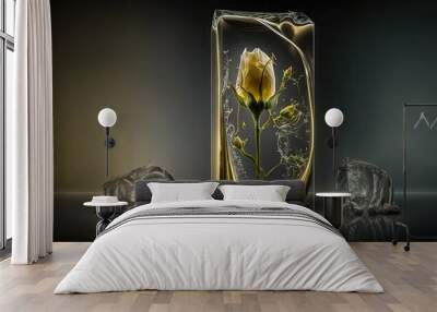  a yellow rose in a glass vase with water and ice on a black surface with a reflection of itself in the glass and a rock.  generative ai Wall mural