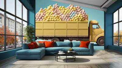  a yellow truck filled with lots of balls on top of it's flatbed truck bed on a light blue background with a blue sky background.  generative ai Wall mural