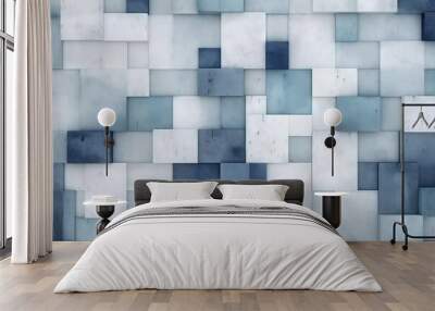  an abstract background of blue and white squares and squares of varying sizes and shapes, all in different shades of blue, white, and gray.  generative ai Wall mural