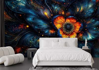  An abstract painting featuring an orange flower encircled by blue and orange swirls and dots against a dark backdrop, with a bright yellow focal point Wall mural