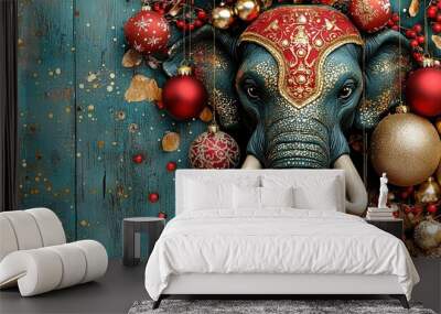   An elephant's head is encircled with Christmas ornaments on a blue wooden background, adorned with gold and red balls Wall mural