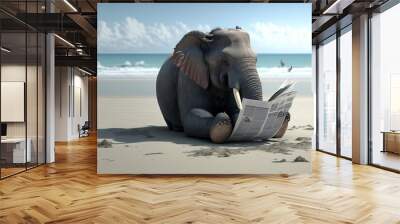  an elephant sitting on the beach reading a newspaper with a bird flying in the sky above it and a beach in the background with a blue sky and white cloud.  generative ai Wall mural