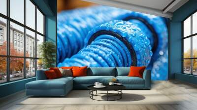   Blue hose with water droplets on the tip and end Wall mural