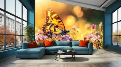   Butterfly close-up on flower field with sunlight filtering through leaves and flowers in foreground Wall mural