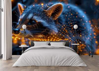   Close-up image of a rat with glowing lights on its face and back paws on a tree branch Wall mural