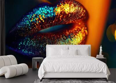   Close-up of a glittered person's lips with blurry background light Wall mural