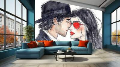   Drawing of man and woman with red eye patches on foreheads and hats on heads Wall mural