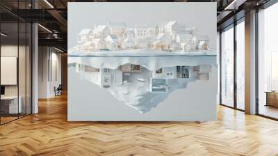   Iceberg with houses & boat in the center of the ocean Wall mural