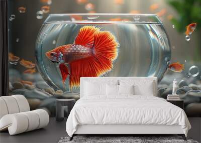   In the bowl of a fishbowl, there's a fish enclosed by pebbles and rocks Wall mural