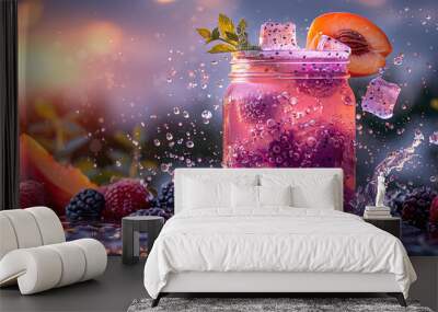   Mason jar filled with ice, fruit & orange on table next to ice cubes Wall mural