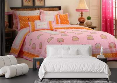   Neatly-made bed in pink comforter with two lamps on each side Wall mural