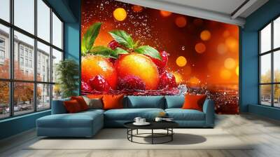   Oranges sit on table with water splash Wall mural