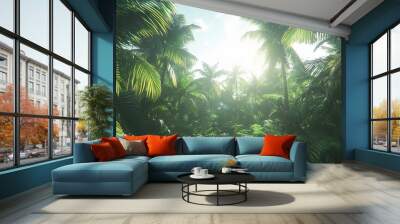   Sunlight filters through palm leaves in a lush forest of tropical flora on a bright day Wall mural