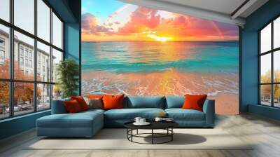   The sun sets over the ocean, painting a rainbow across the sky above the water A serene beach lies in the foreground Wall mural