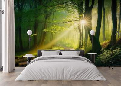  the sun shines through the trees in the forest on a path.  generative ai Wall mural